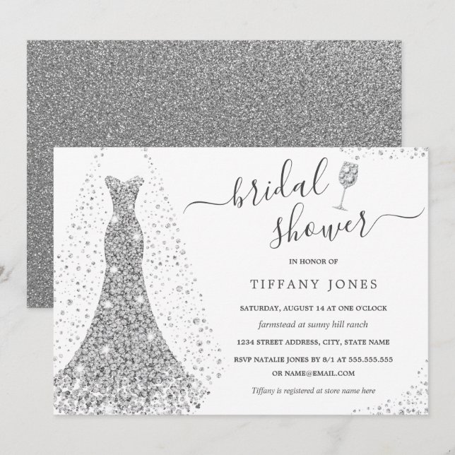 White Silver Wedding Dress Sparkle Bridal Shower Invitation (Front/Back)