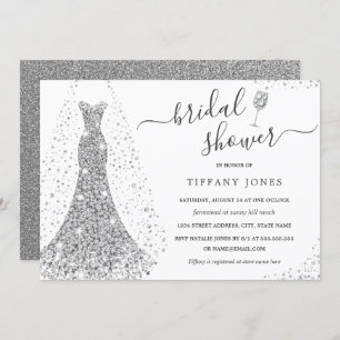 White Silver Wedding Dress Sparkle Bridal Shower Invitation