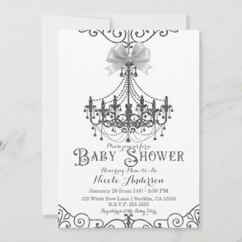 White  Silver White Bow Baby Shower Invitation