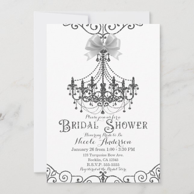 White & Silver White Bow Chic Bridal Shower Invitation (Front)