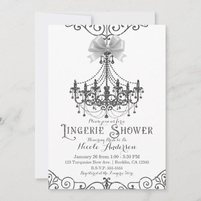 White & Silver White Bow Chic Lingerie Shower Invitation (Front)