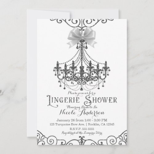 White  Silver White Bow Chic Lingerie Shower Invitation