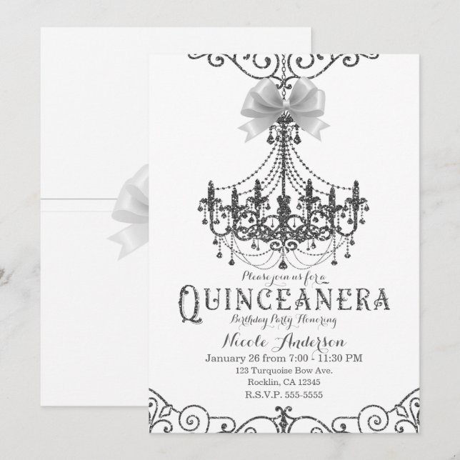 White & Silver White Bow Chic Quinceañera 15 15th Invitation (Front/Back)