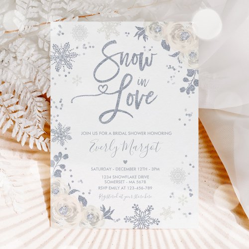 White  Silver Winter Bridal Shower Snow In Love Invitation
