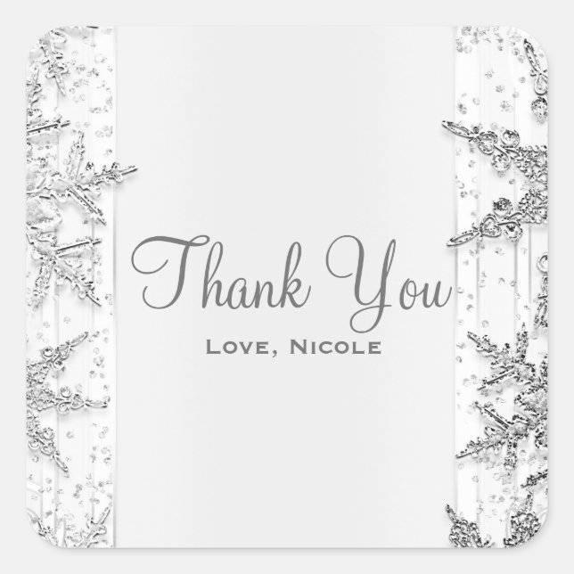 White & Silver Winter Snowflakes Elegant Favor Square Sticker (Front)