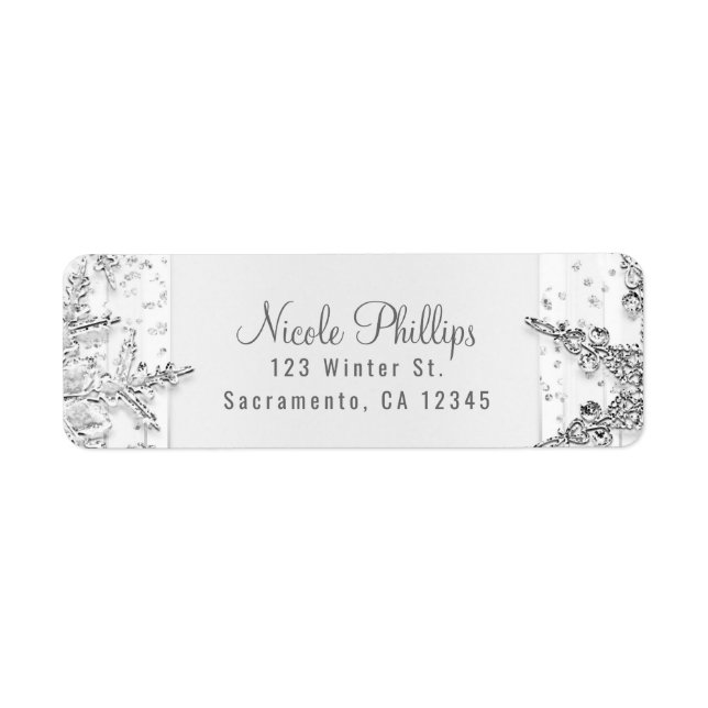 White & Silver Winter Snowflakes Elegant Party Label (Front)