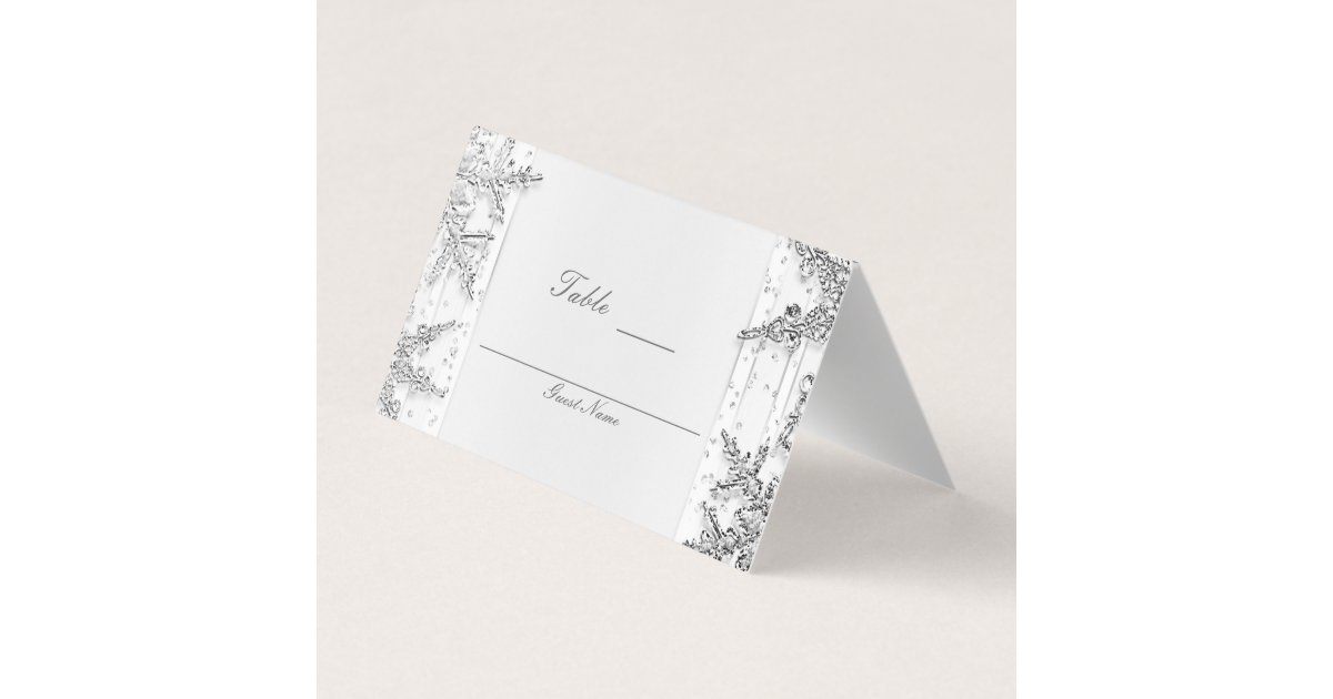 White Silver Winter Wonderland Snowflakes Seat Place Card