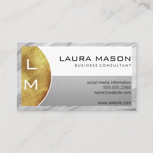 White Silver with Monogram  Marble Border Business Card