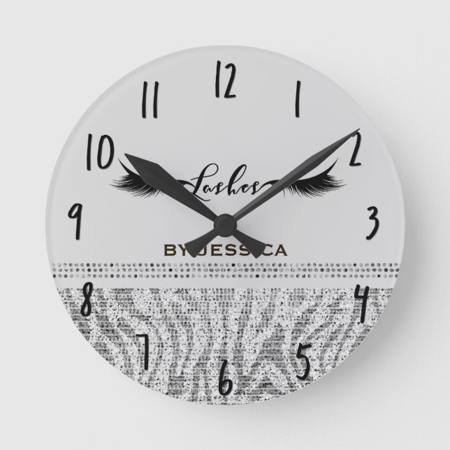 White Silver Zebra Sequins Lashes Personalized Round Clock (Front)