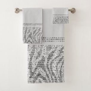 White Silver Zebra Wild Animal Print Exotic Glam Bath Towel Set