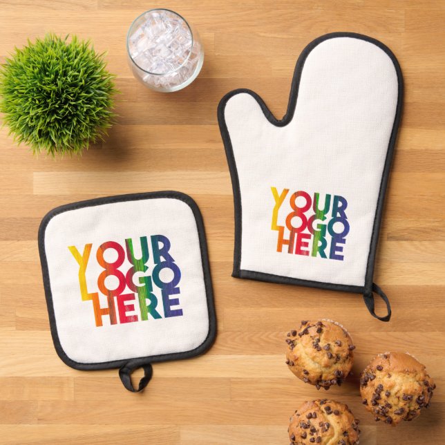 White Simple Business Logo Oven Mitt & Pot Holder Set (Top Down)