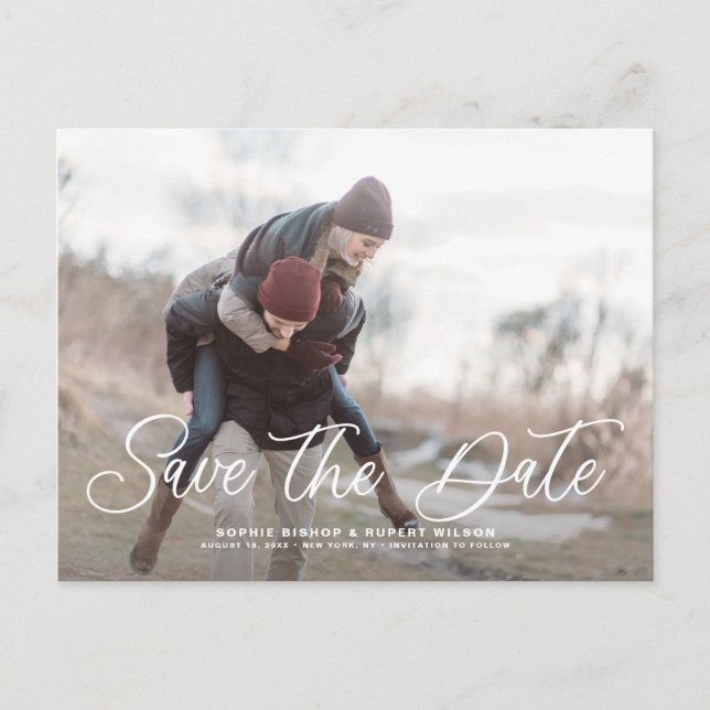 White Simple Calligraphy Save the Date Photo Announcement Postcard (Front)