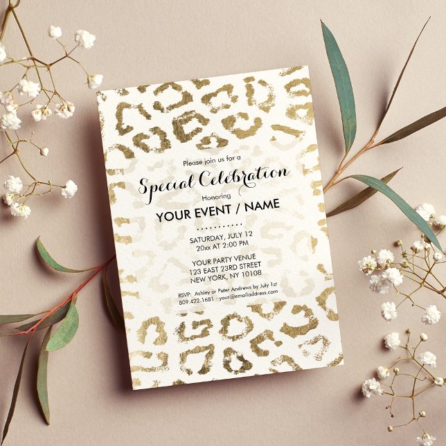 White simple chic faux gold modern animal print invitation (White simple chic faux gold modern animal print )