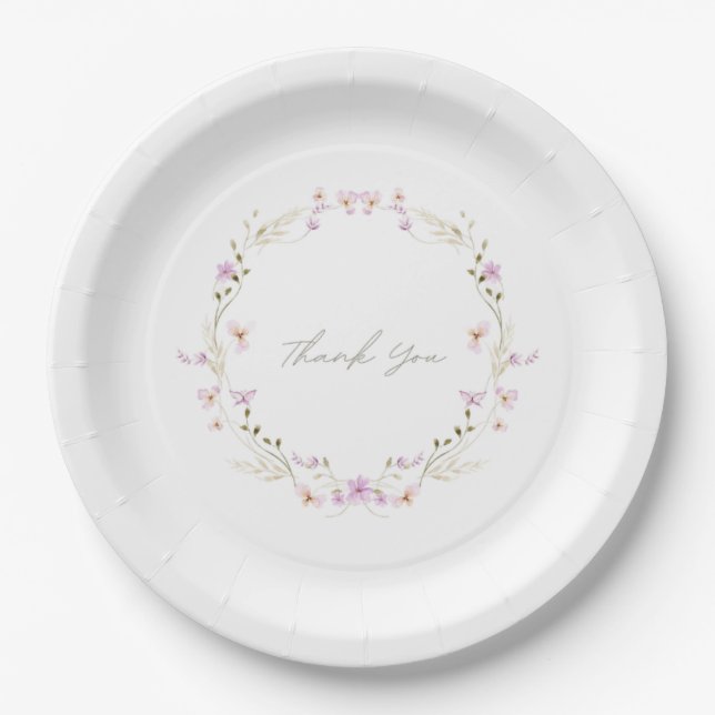 white simple delicate floral  paper plates (Front)