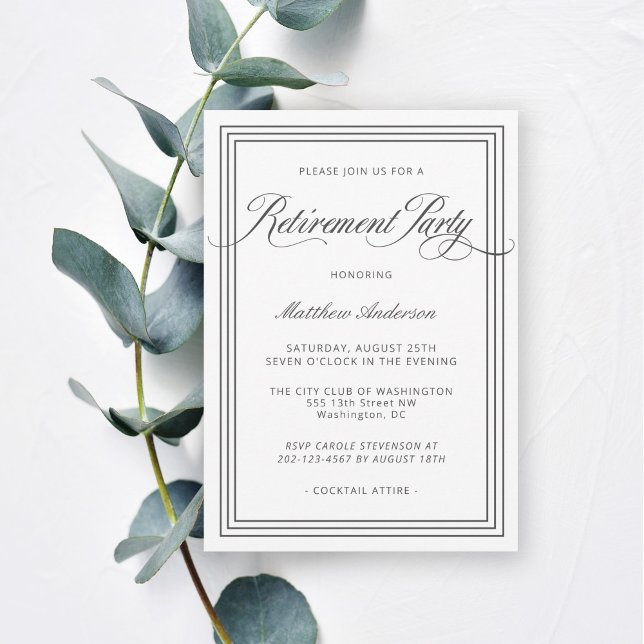 White Simple Elegant Retirement Party Invitation (This elegant retirement party invitation is available as printed or digital download.)
