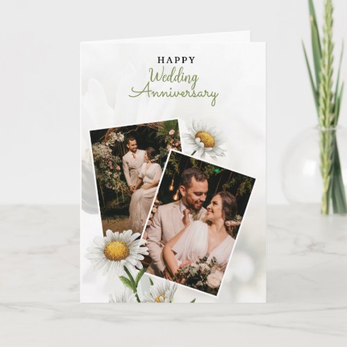 White Simple Floral Happy Wedding Anniversary  Card