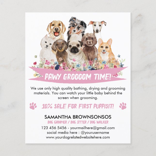 White Simple Floral Illustrated Dog groomer Flyer (Front)