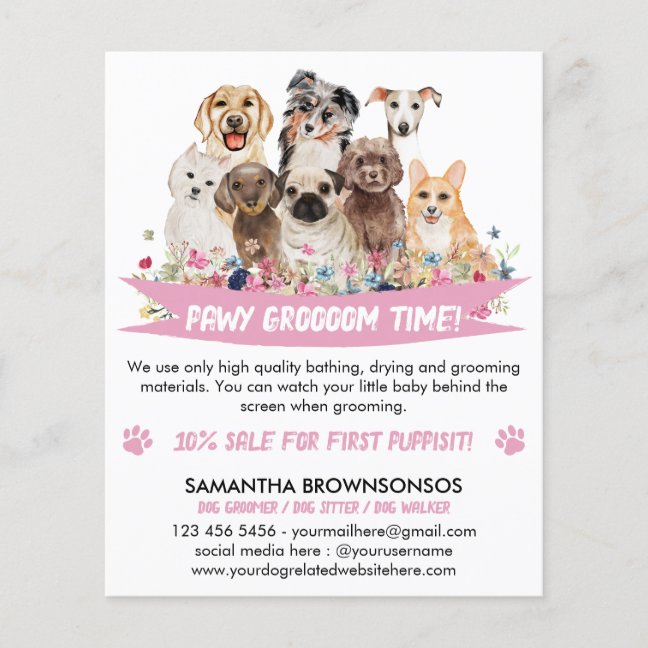 White Simple Floral Illustrated Dog groomer Flyer