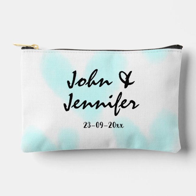 white simple minimal text style wedding blue heart accessory pouch (Front)