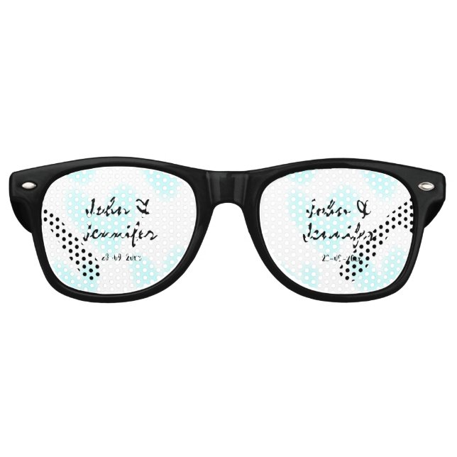 white simple minimal text style wedding blue heart retro sunglasses (Front)