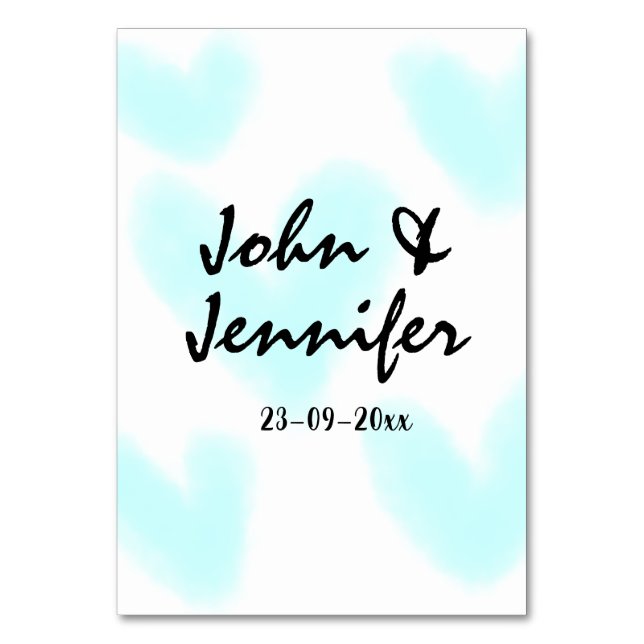 white simple minimal text style wedding blue heart table number (Front)