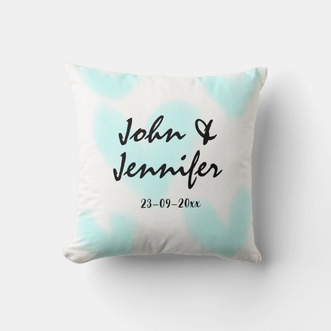 white simple minimal text style wedding blue heart throw pillow (Front)