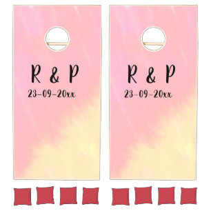 white simple minimal text style wedding pink yello cornhole set