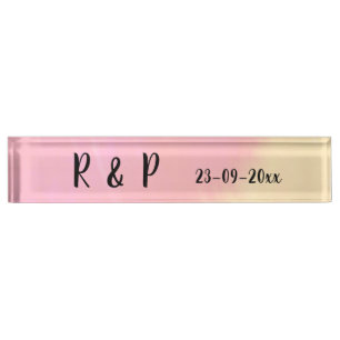 white simple minimal text style wedding pink yello desk name plate