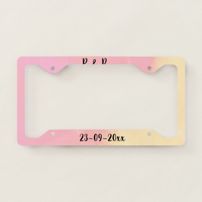 white simple minimal text style wedding pink yello license plate frame (Front)