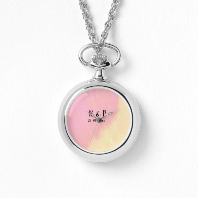 white simple minimal text style wedding pink yello watch (Front)