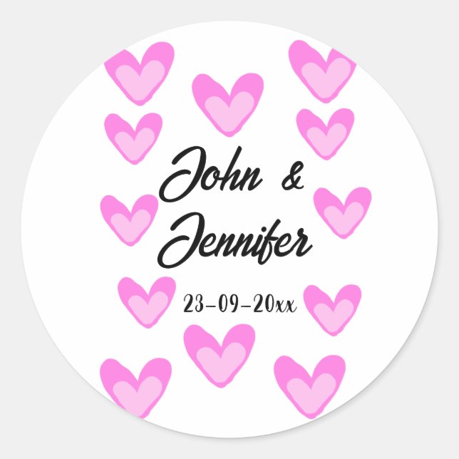 white simple minimal text style wedding pinkheart  classic round sticker (Front)