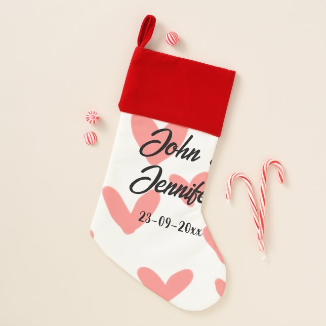 white simple minimal text style wedding red heart  christmas stocking (Front)