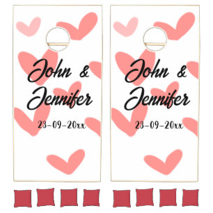 white simple minimal text style wedding red heart cornhole set
