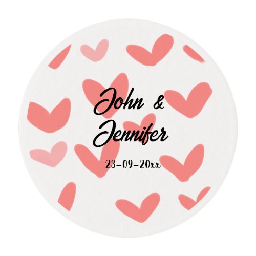 white simple minimal text style wedding red heart  edible frosting rounds