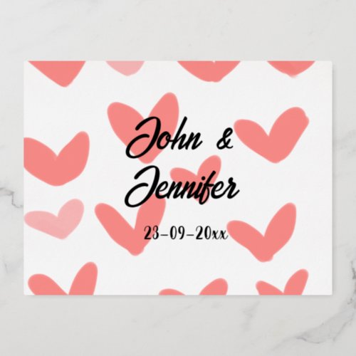 white simple minimal text style wedding red heart  foil holiday postcard