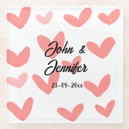 white simple minimal text style wedding red heart  glass coaster