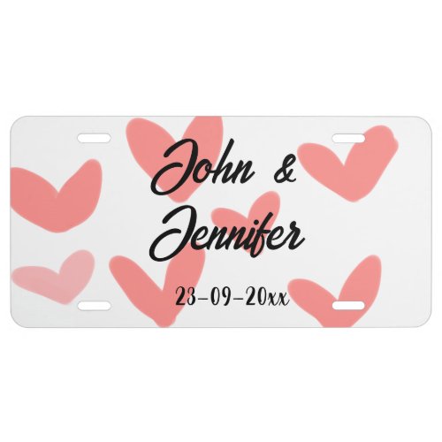 white simple minimal text style wedding red heart  license plate