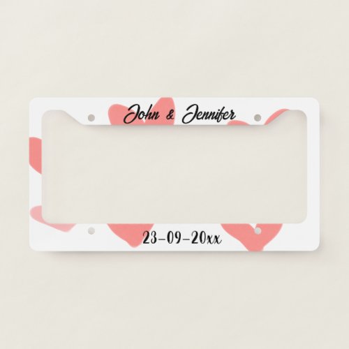 white simple minimal text style wedding red heart  license plate frame