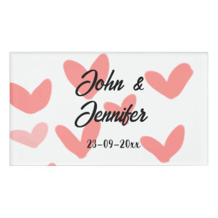 white simple minimal text style wedding red heart name tag