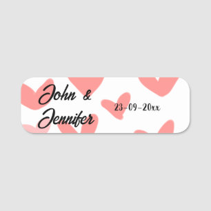 white simple minimal text style wedding red heart name tag