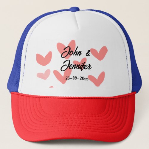 white simple minimal text style wedding red heart  trucker hat