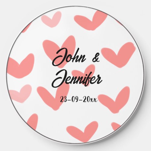 white simple minimal text style wedding red heart  wireless charger 