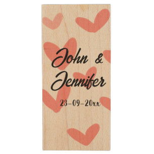 white simple minimal text style wedding red heart wood flash drive