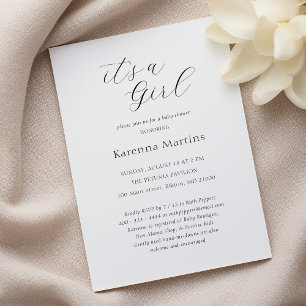 White Simple Minimalist It's a Girl Baby Shower Invitation