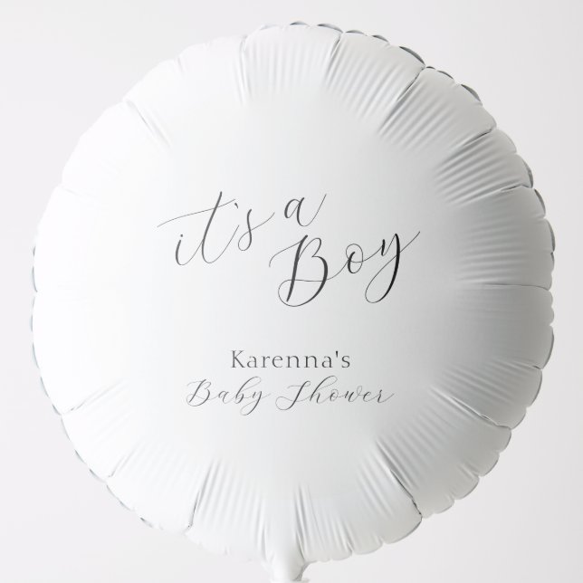 White Simple Minimalist Script Boy Baby Shower Balloon (Front)