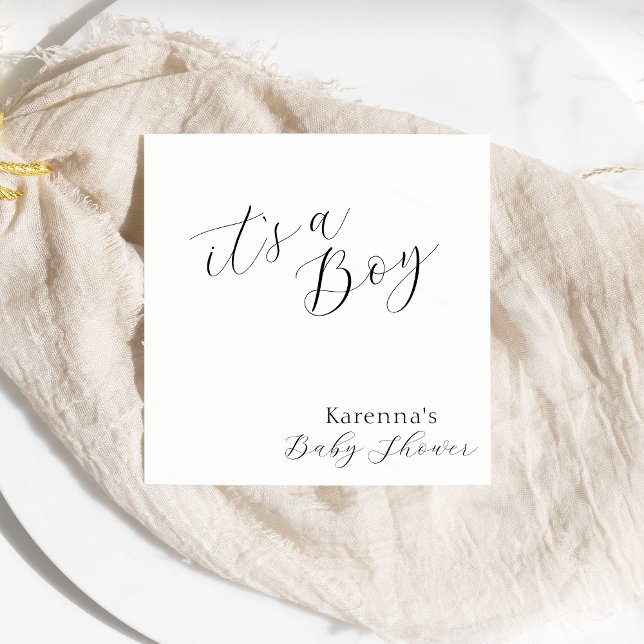 White Simple Minimalist Script Boy Baby Shower Napkins (Creator Uploaded)