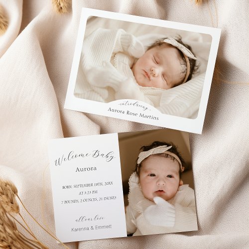 White Simple Minimalist Script Two Photo Birth Announcement