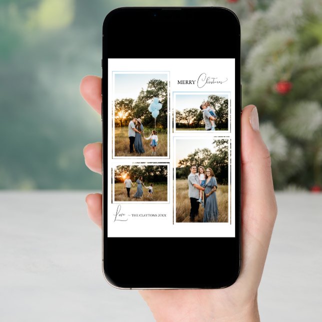 White Simple Modern Christmas Four Photo Collage Holiday Card (Front Digital)