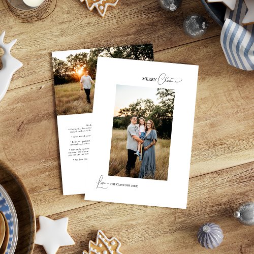 White Simple Modern Christmas Letter and Photo Holiday Card