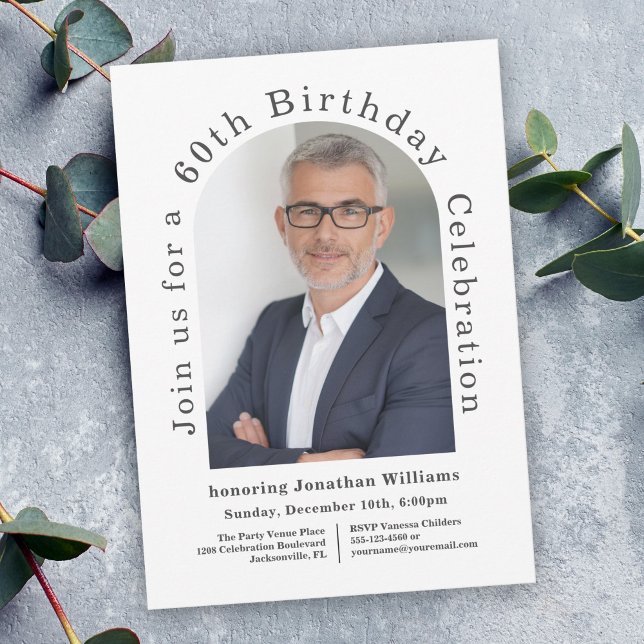 White Simple Photo Arch 60th Birthday Party Invitation (Get this popular party invitation as printed invitations or digital download!)